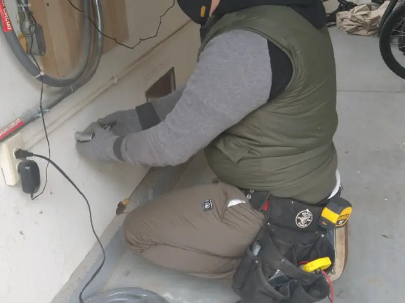 Electrician performing outlet wiring in a Murphy garage